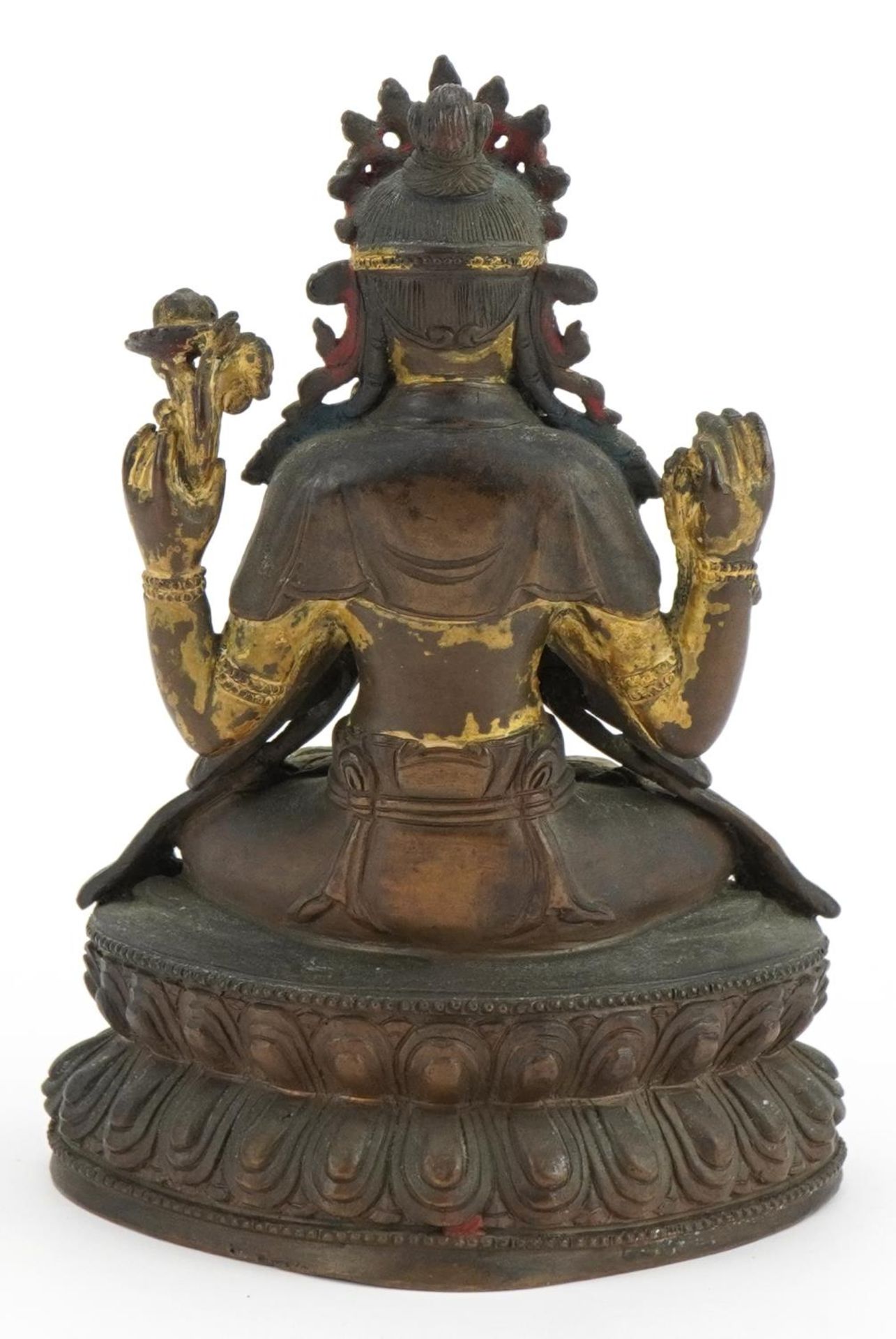 18th Century Chino Tibetan gilt bronze buddha of Sadaksari inset with turquoise cabochons, 16cm high - Image 6 of 10