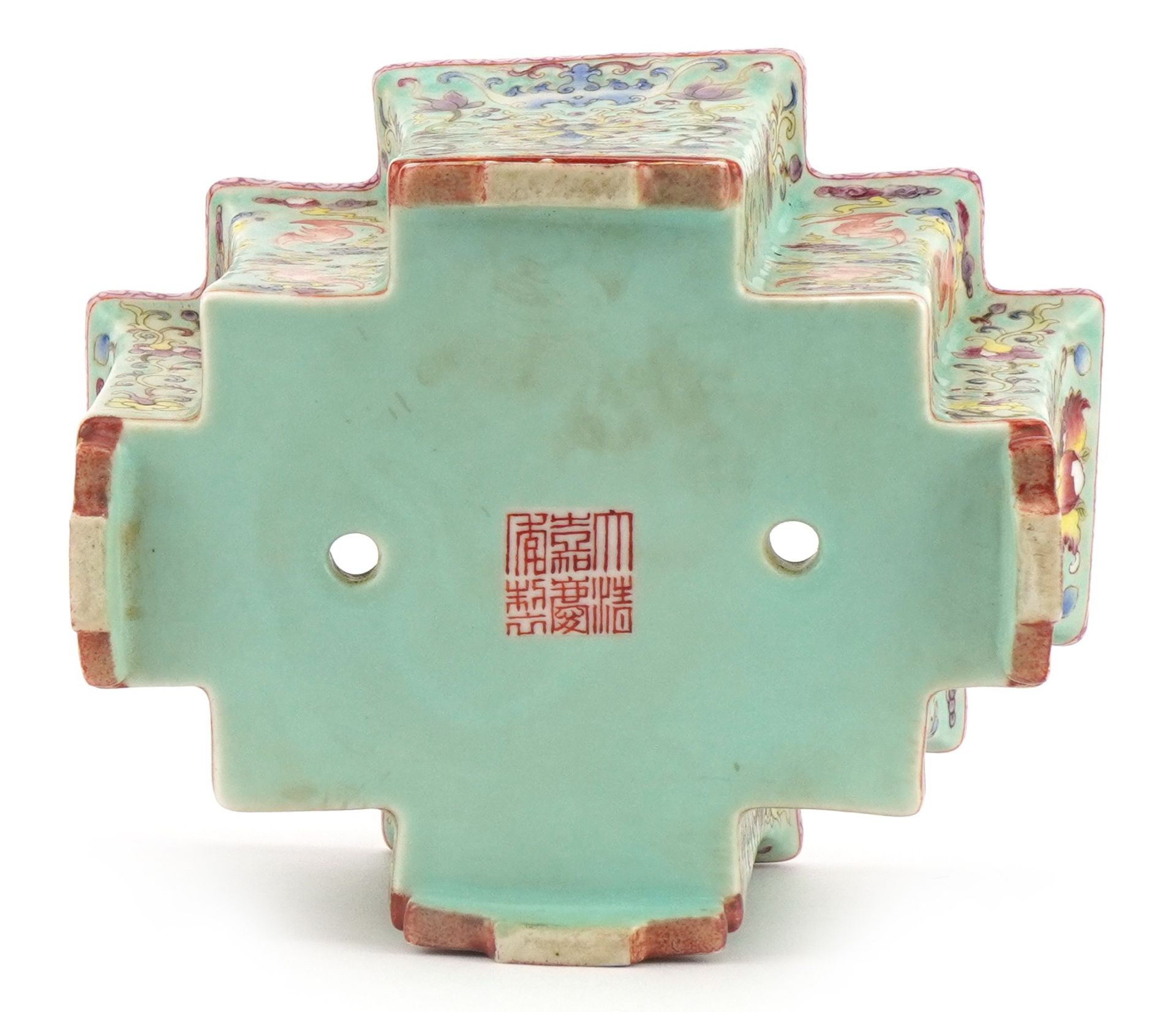 Chinese porcelain four footed planter having a turquoise glaze hand painted in the famille rose - Image 8 of 9