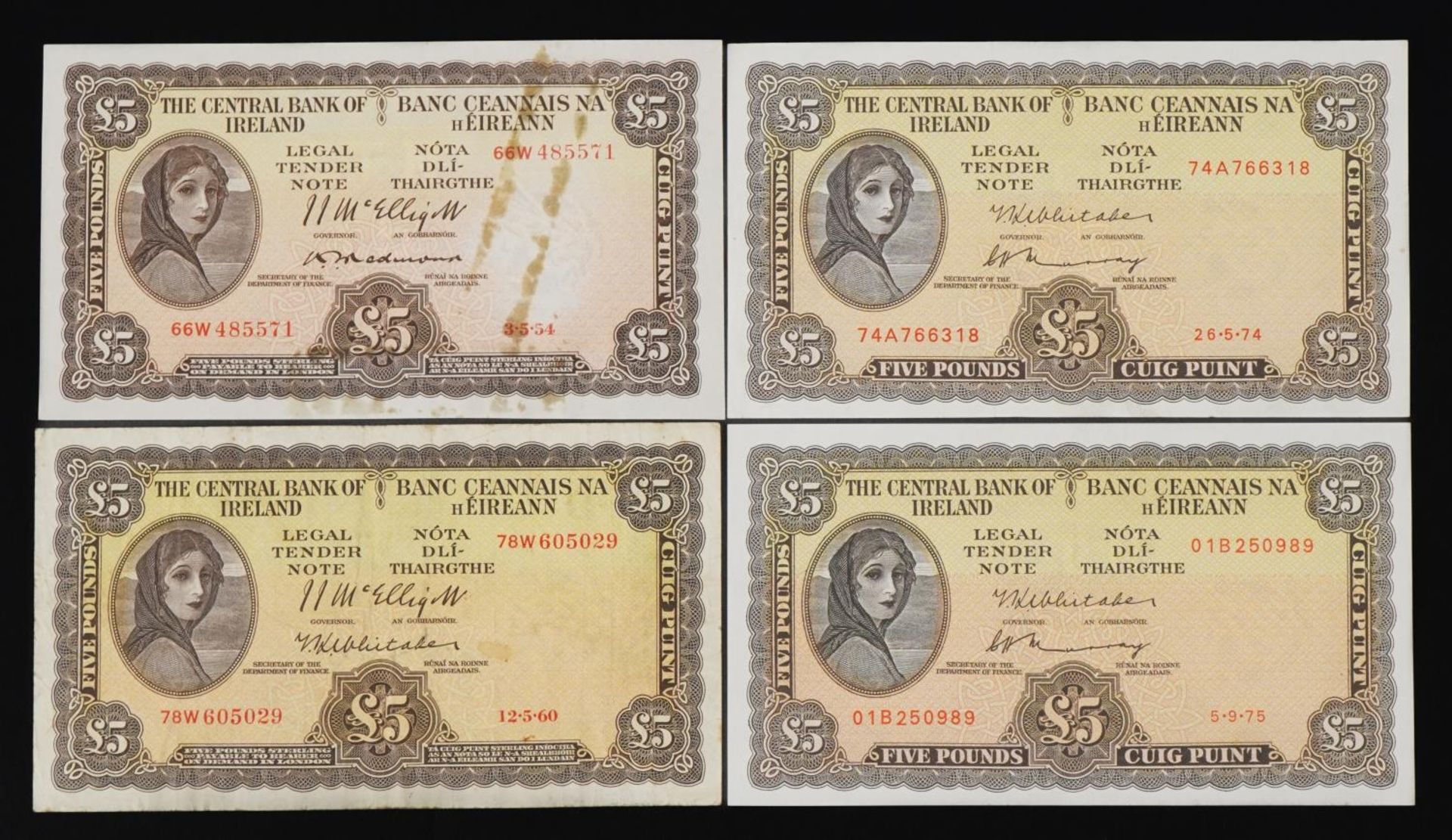 Four Central Bank of Ireland Lady Lavery five pound banknotes, various serial numbers : For