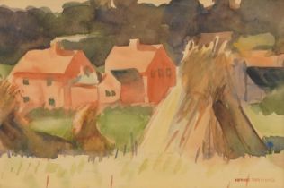 Nerine Desmond - Farm buildings through Stouks, signed watercolour, mounted, framed and glazed, 24.