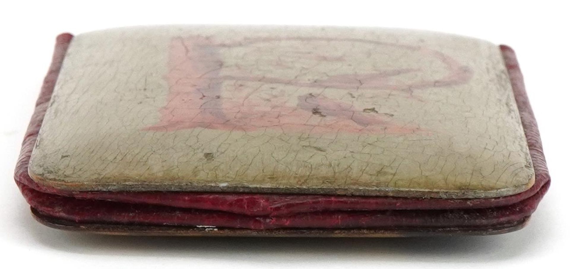 Victorian papier mache and Moroccan leather slip case hand painted with a Jack Russell, 11.5cm x 7cm - Image 3 of 3