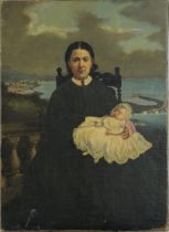 Lucien Lévy-Dhurmer - Mother and child before a landscape, 19th century oil on canvas, unframed,