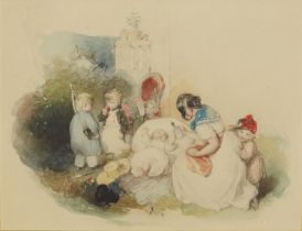 Fender 1841 - Mother with children in an interior, mid 19th century English school pencil and
