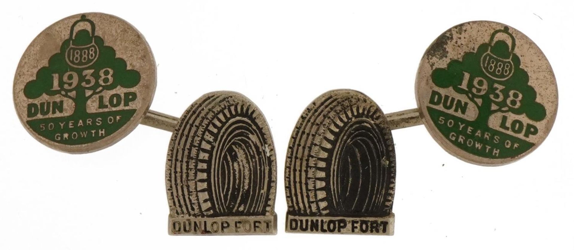 Pair of Dunlop 1888-1938 Fifty Years of Growth enamelled cufflinks, 1.5cm in diameter, 9.3g : For
