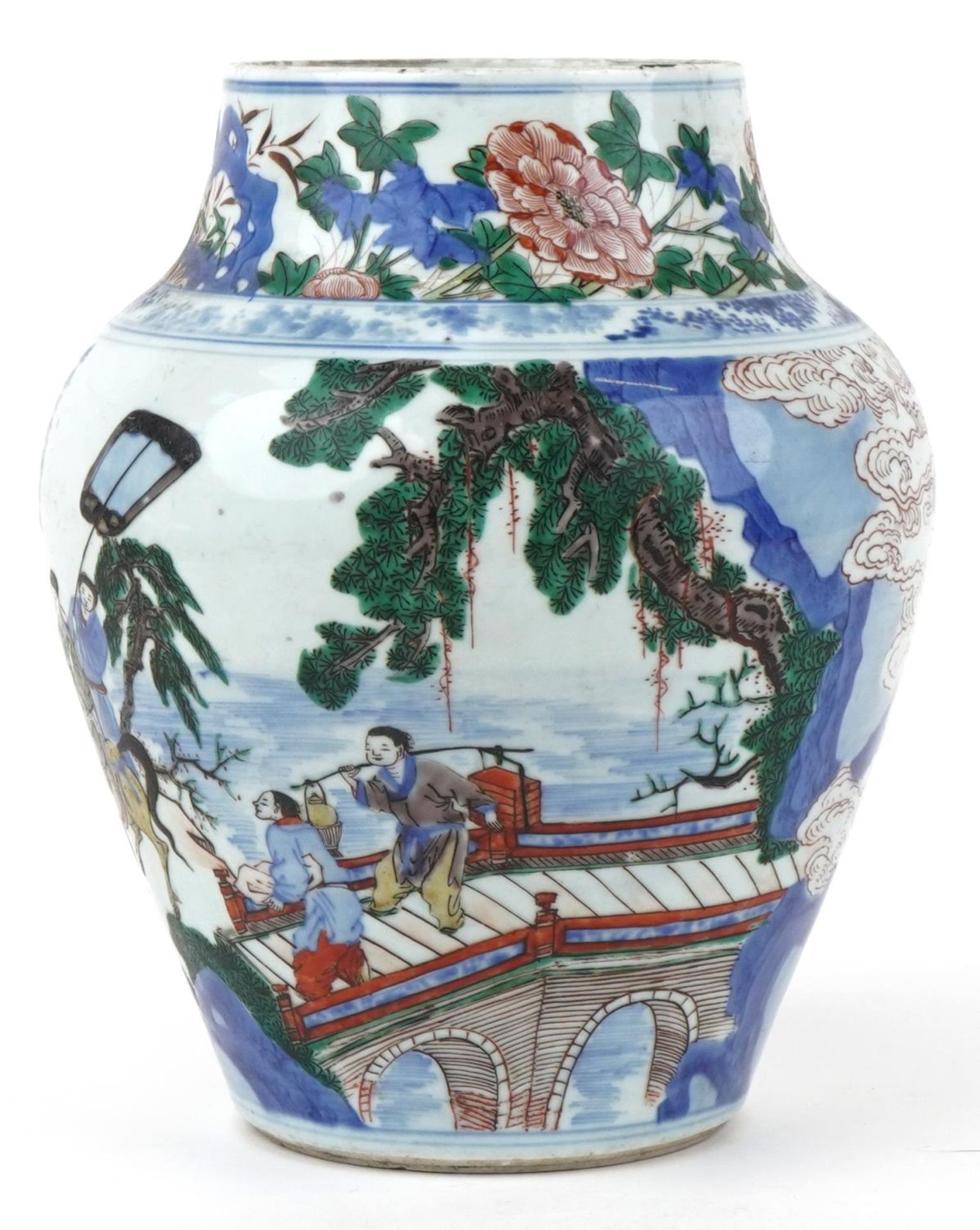 Large Chinese doucai porcelain vase hand painted with a figure on horseback and attendants - Image 5 of 7