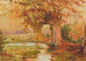 Florence A Manlove 1921 - Stream through woodland, watercolour, mounted, framed and glazed, 34cm x