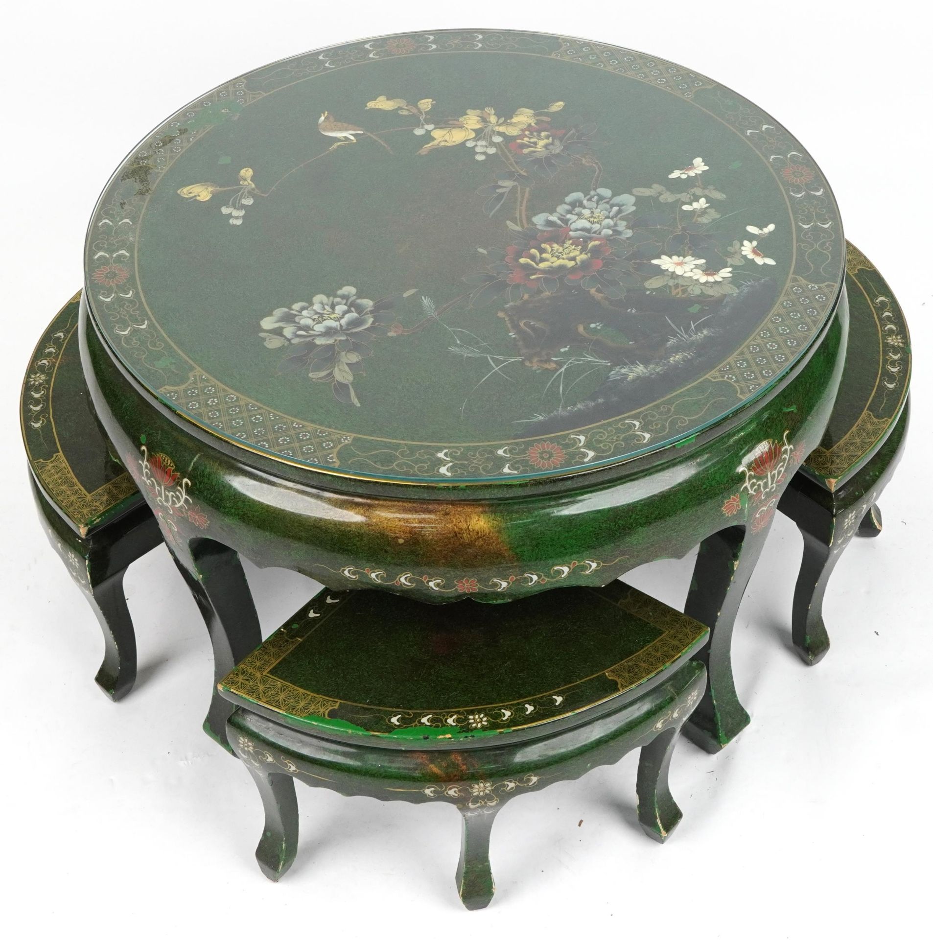 Nest of five Chinese green lacquered coffee and occasional tables hand painted with birds amongst - Image 2 of 5