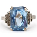 French Art Deco gold blue topaz ring with diamond set stepped shoulders, size K/L, 3.4g : For