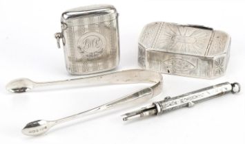 Antique and later silver objects comprising a Georgian snuff box engraved 1795, engine turned vesta,