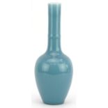 Chinese porcelain blue long neck bottle vase having a clair de lune glaze, six figure character
