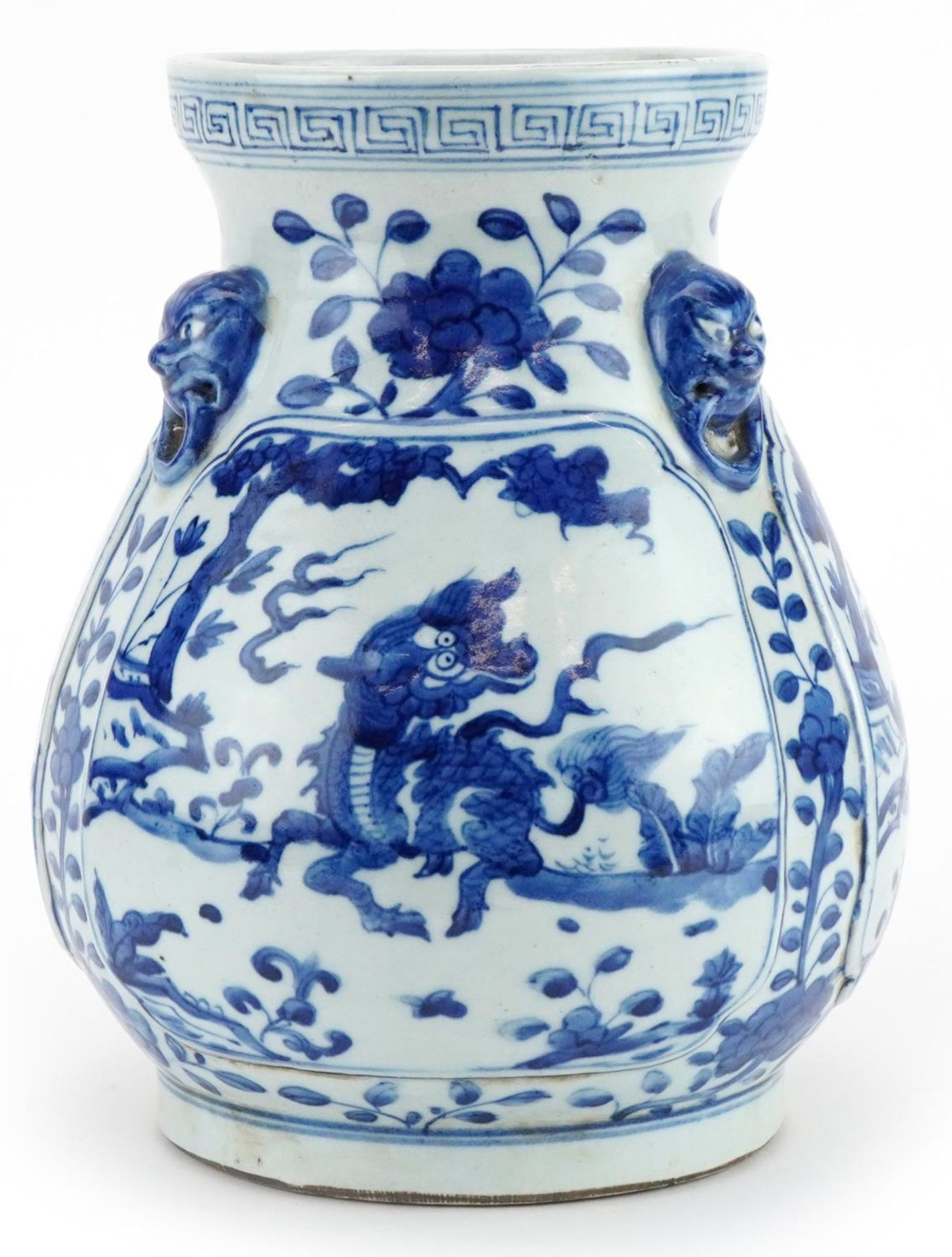 Chinese blue and white porcelain vase with three animalia ring turned handles hand painted with - Image 4 of 7