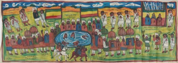 Village Life, Ethiopian school painting on unstretched canvas, 175cm x 64cm : For further