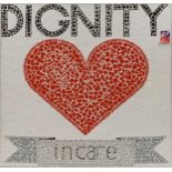 Contemporary mosaic ceramic wall plaque entitled Dignity in Care with heart motif created by