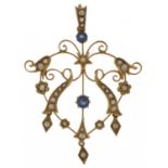 Edwardian 9ct gold sapphire and seed pearl openwork pendant, 5cm high, 3.6g : For further