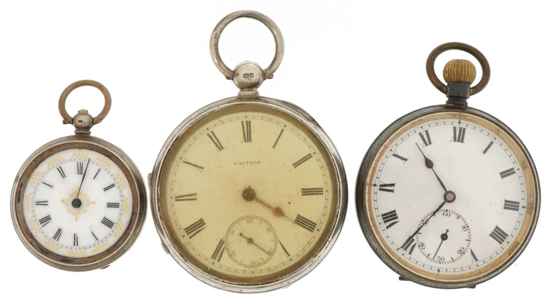 Three pocket watches including a gentlemen's silver Waltham open face pocket watch, the largest 53mm