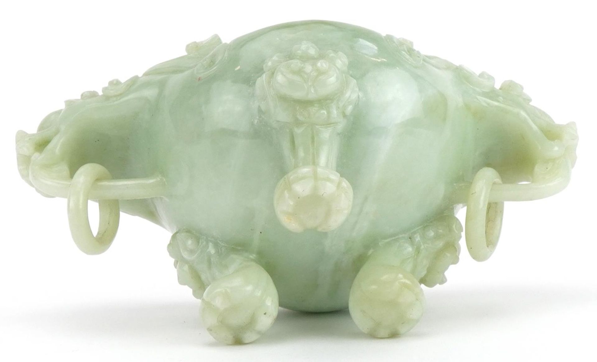 Chinese carved green hardstone lidded tripod censer with ring turned dragon handles, 19.5cm wide : - Image 9 of 9