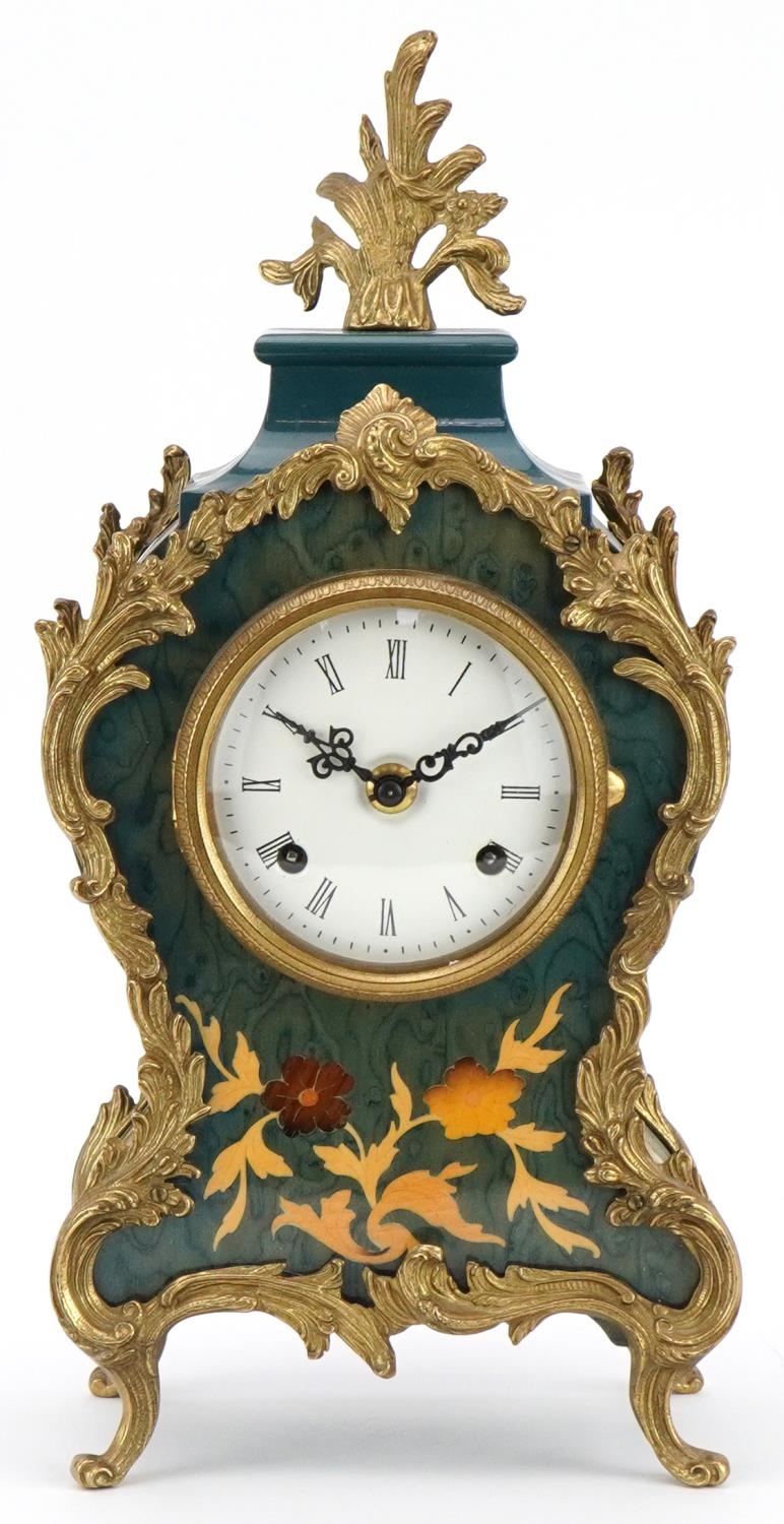 Franz Hermle, 19th century style inlaid wood mantle clock with ornate gilt metal mounts and circular - Image 2 of 4