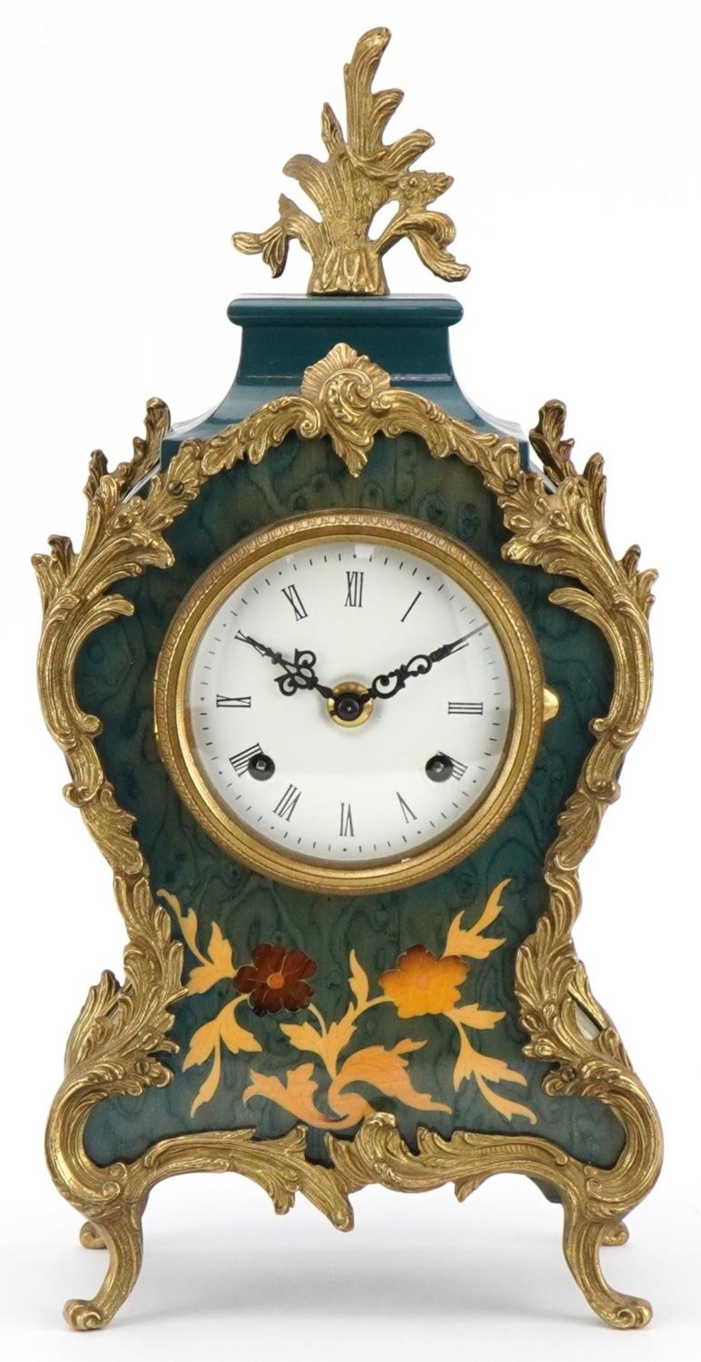 Franz Hermle, 19th century style inlaid wood mantle clock with ornate gilt metal mounts and circular - Bild 2 aus 4