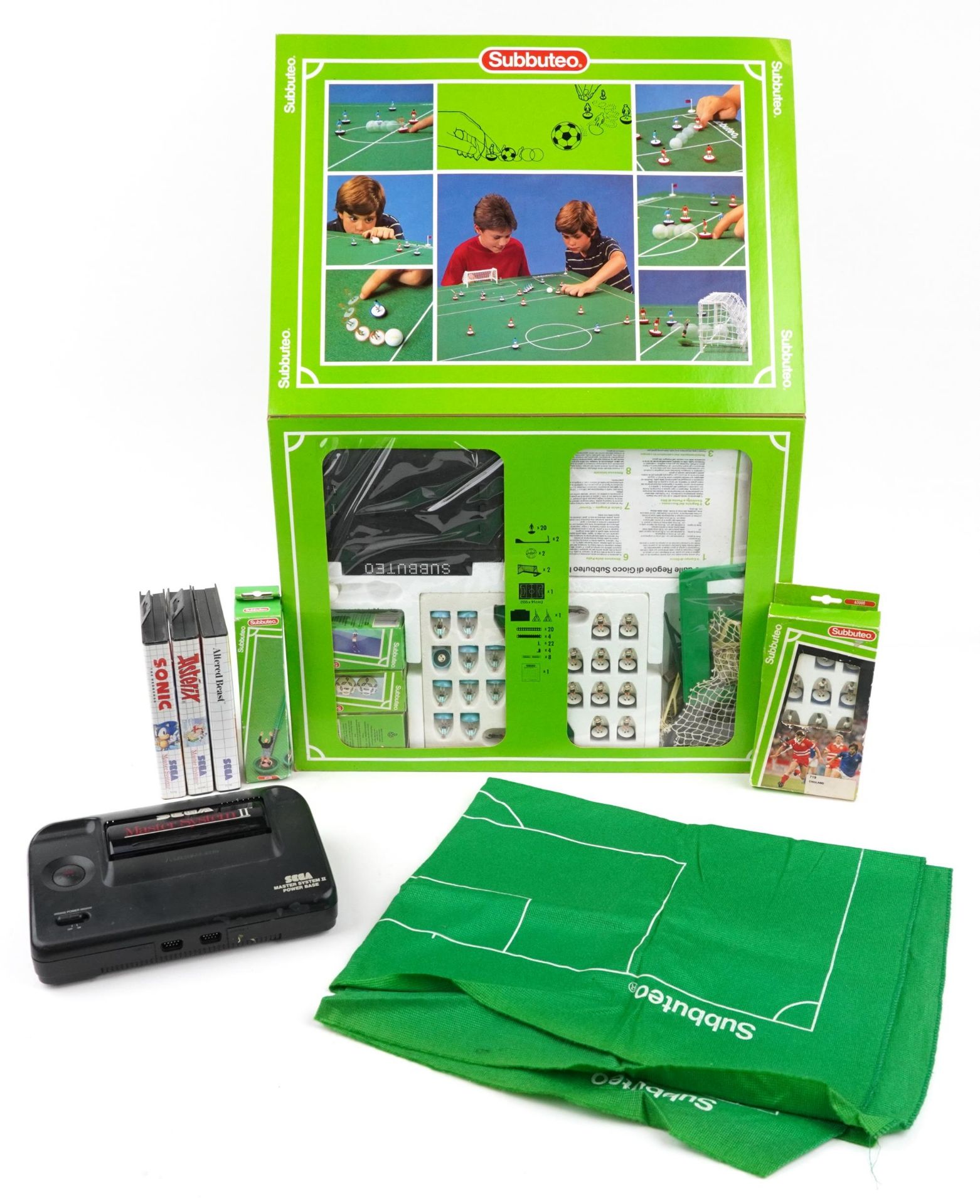 Vintage and later toys including Sega Mega System 2 with three games and Subbuteo table soccer : For