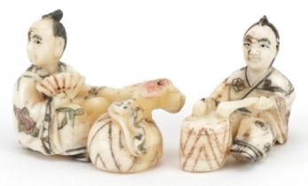 Two Japanese carved bone netsukes including a one of a drummer, the largest 5.5cm wide : For further