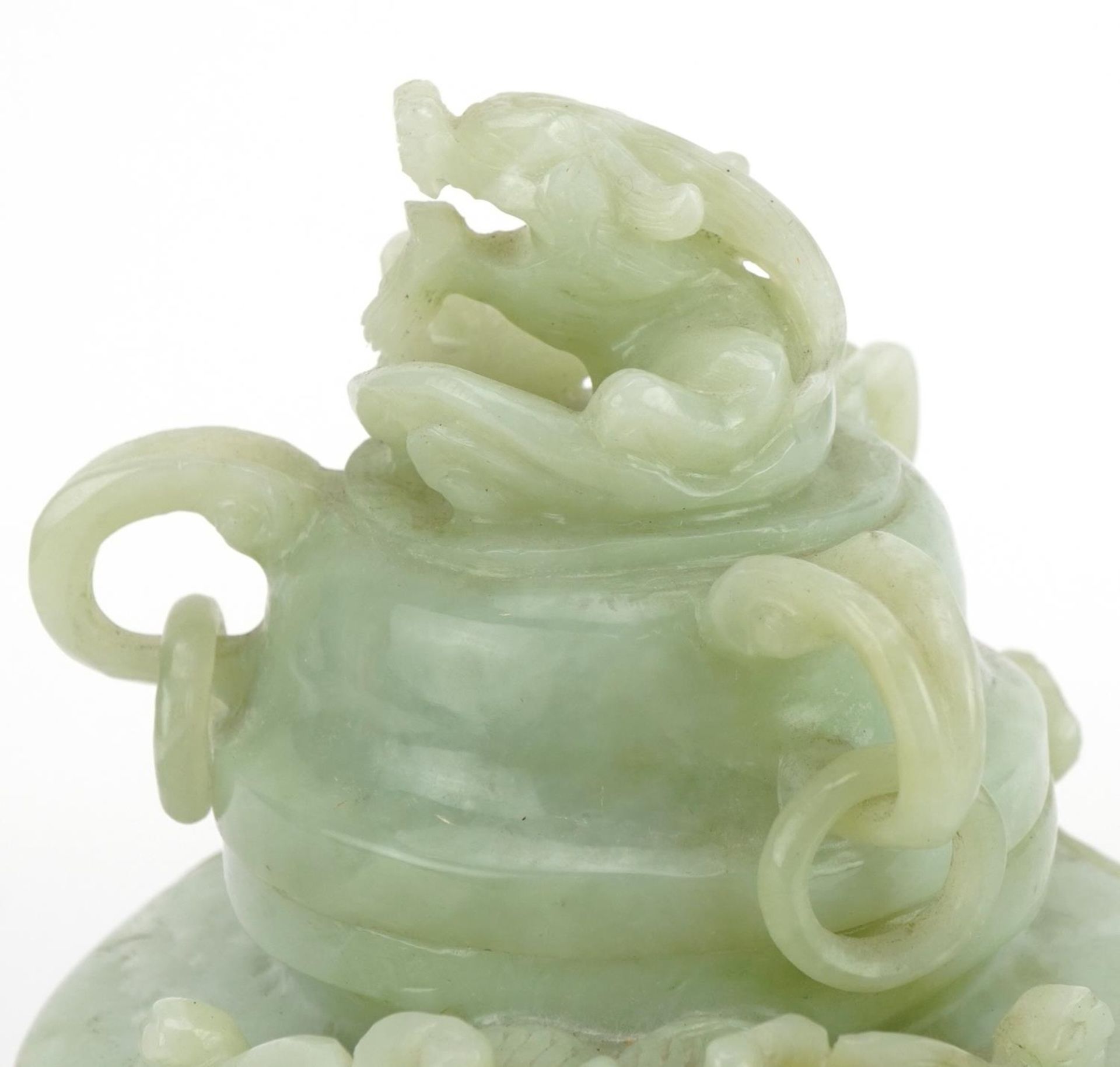 Chinese carved green hardstone lidded tripod censer with ring turned dragon handles, 19.5cm wide : - Image 4 of 9