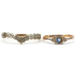 Two 9ct gold rings comprising Art Deco sapphire and diamond ring and a diamond wishbone ring, size O