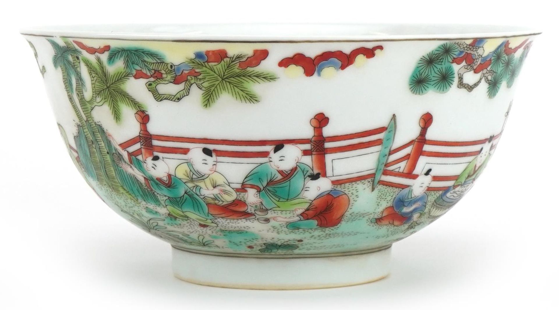 Chinese porcelain bowl hand painted in the famille verte palette with children playing in a palace - Image 3 of 7