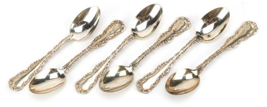 Set of six sterling silver teaspoons, each stamped Pat 91, 10cm in length, total 50.0g : For further