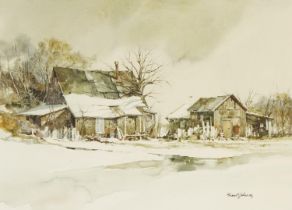 Brian R Johnson - Outbuildings in winter, ink and watercolour, mounted, framed and glazed, 43cm x