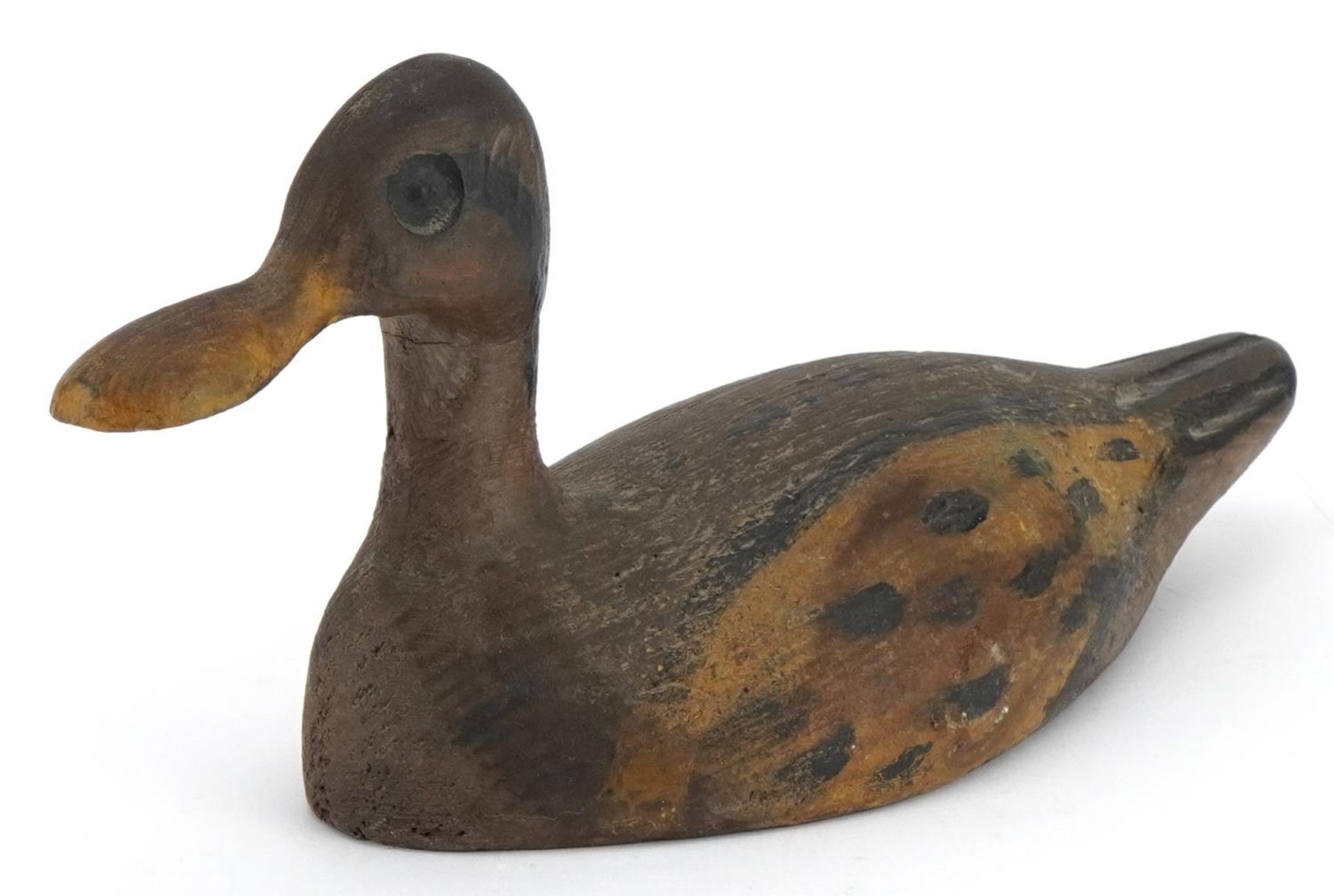 Antique sporting interest carved painted wood duck decoy, 33cm in length : For further information