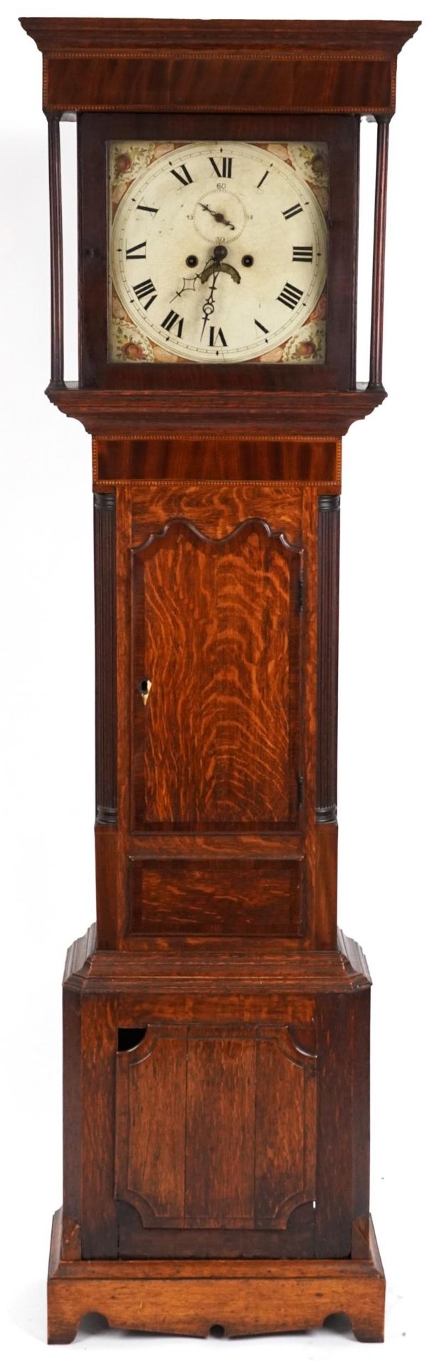 19th century oak and mahogany longcase clock with enamelled dial, 202cm high : For further