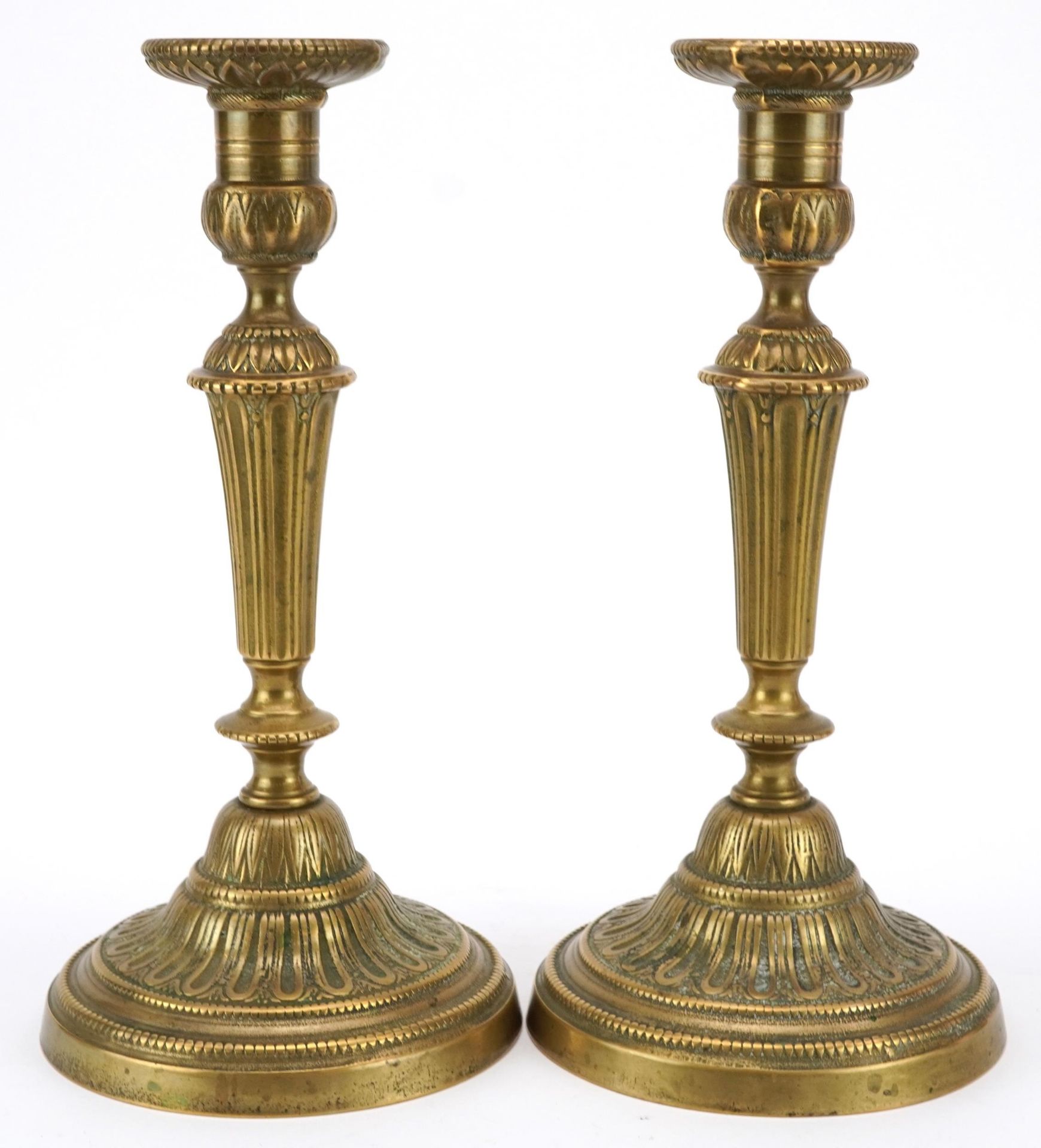 Pair of 19th century French turned brass candlesticks, each 28cm high : For further information on - Image 2 of 3