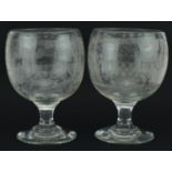 Pair of antique glass pedestal vases etched with a Georgian house and cottage, each 21.5cm high :