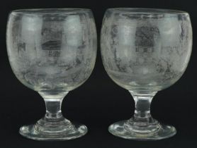 Pair of antique glass pedestal vases etched with a Georgian house and cottage, each 21.5cm high :
