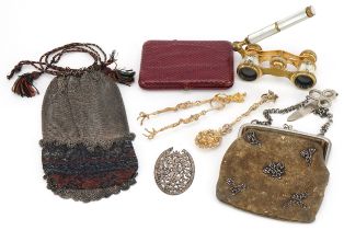 Georgian and later objects including a leather coin purse with applied floral steel mounts, mother