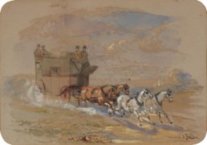 Hansom Cab, 19th century heightened watercolour, inscriptions verso, mounted, framed and glazed,