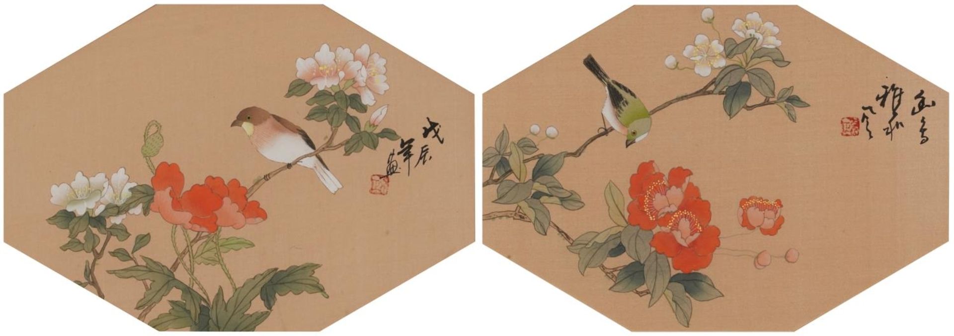 Birds amongst chrysanthemums, pair of Chinese watercolours onto silk with calligraphy and red seal