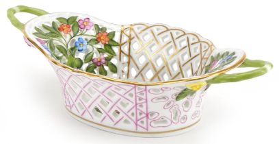 Herend, Hungarian porcelain pierced twin handled basket hand painted in the Rothschild Bird pattern,