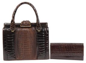 Vintage taxidermy interest crocodile skin ladies handbag with clutch bag and gilt brass mounts, 27.