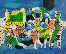 Manner of Fernand Leger - Circus performers, French Impressionist oil on board, mounted and