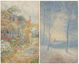 Path through garden and moonlit landscape, pair of early 20th century watercolours, each mounted,
