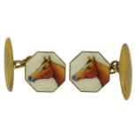 Pair of gilt metal and enamel horsehead cufflinks, 14.5mm wide, 5.8g : For further information on