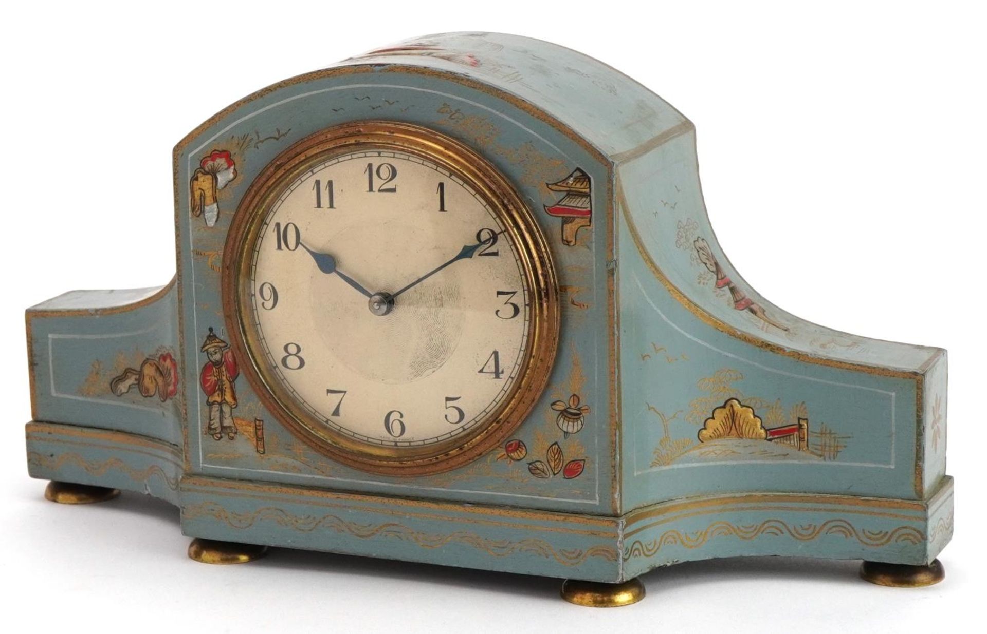 Early 20th century blue chinoiserie lacquered mantle clock hand painted with figures and pagodas,