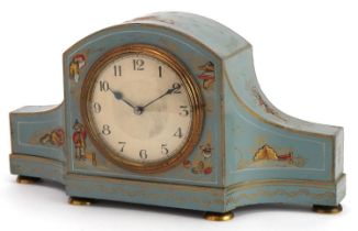 Early 20th century blue chinoiserie lacquered mantle clock hand painted with figures and pagodas,