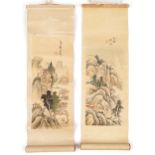 Two Chinese watercolour landscape scrolls on silk signed with red seal marks, the largest 33cm x