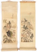 Two Chinese watercolour landscape scrolls on silk signed with red seal marks, the largest 33cm x