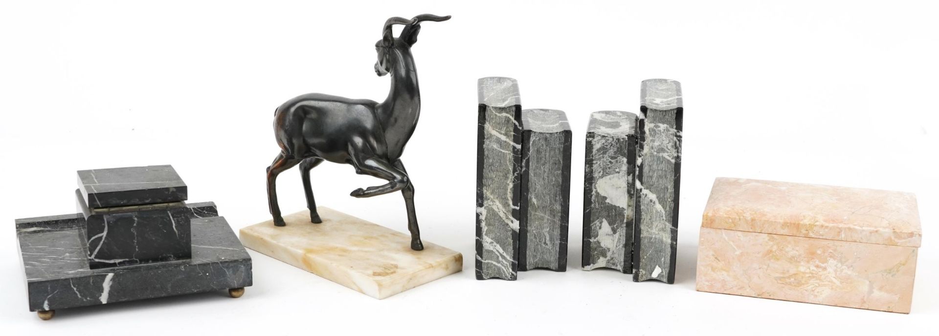 Art Deco style marble including bronzed gazelle sculpture, pair of book design bookends and inkwell, - Image 4 of 4