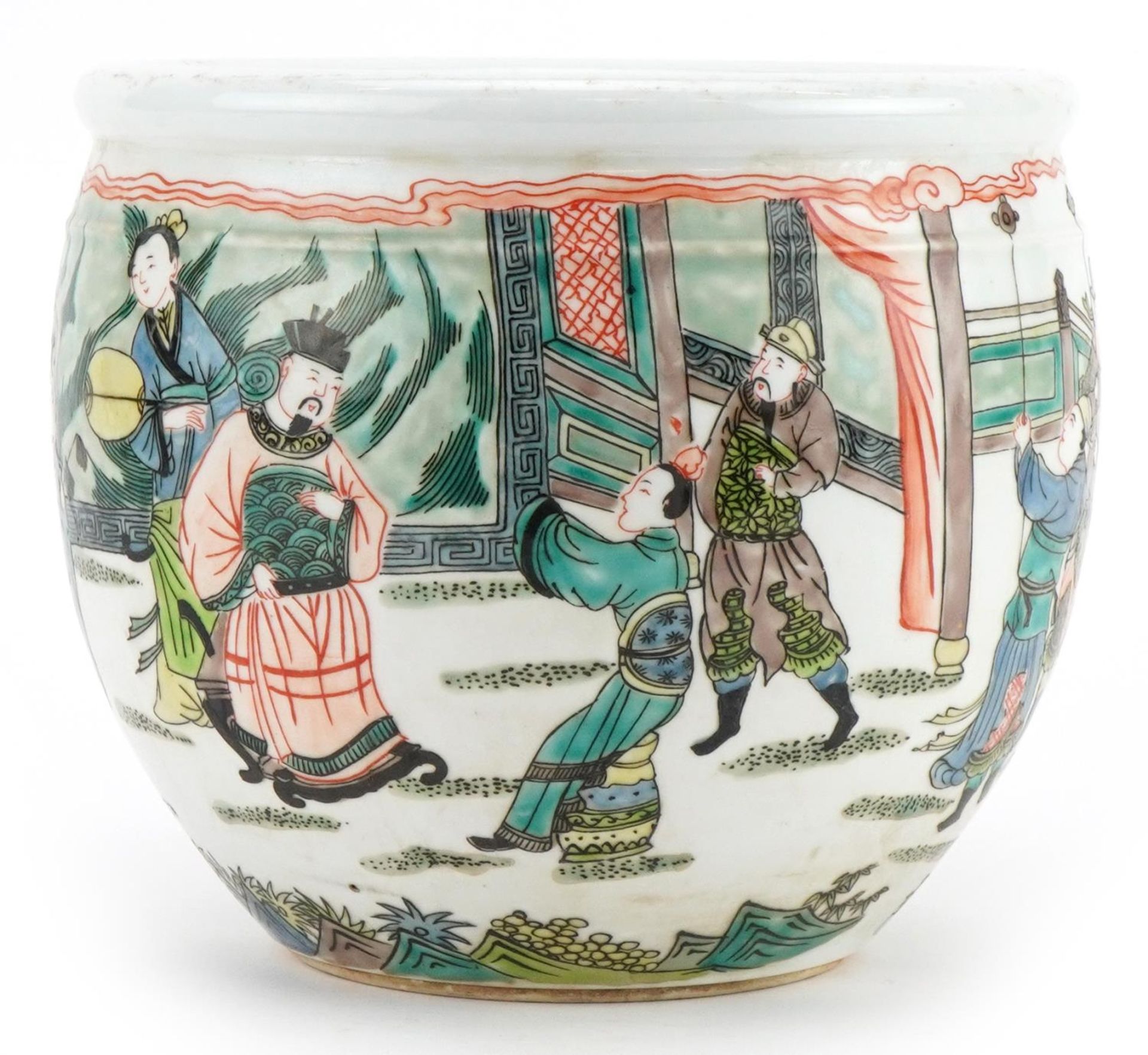 Chinese porcelain jardiniere hand painted in the famille verte palette with warriors and - Image 2 of 7