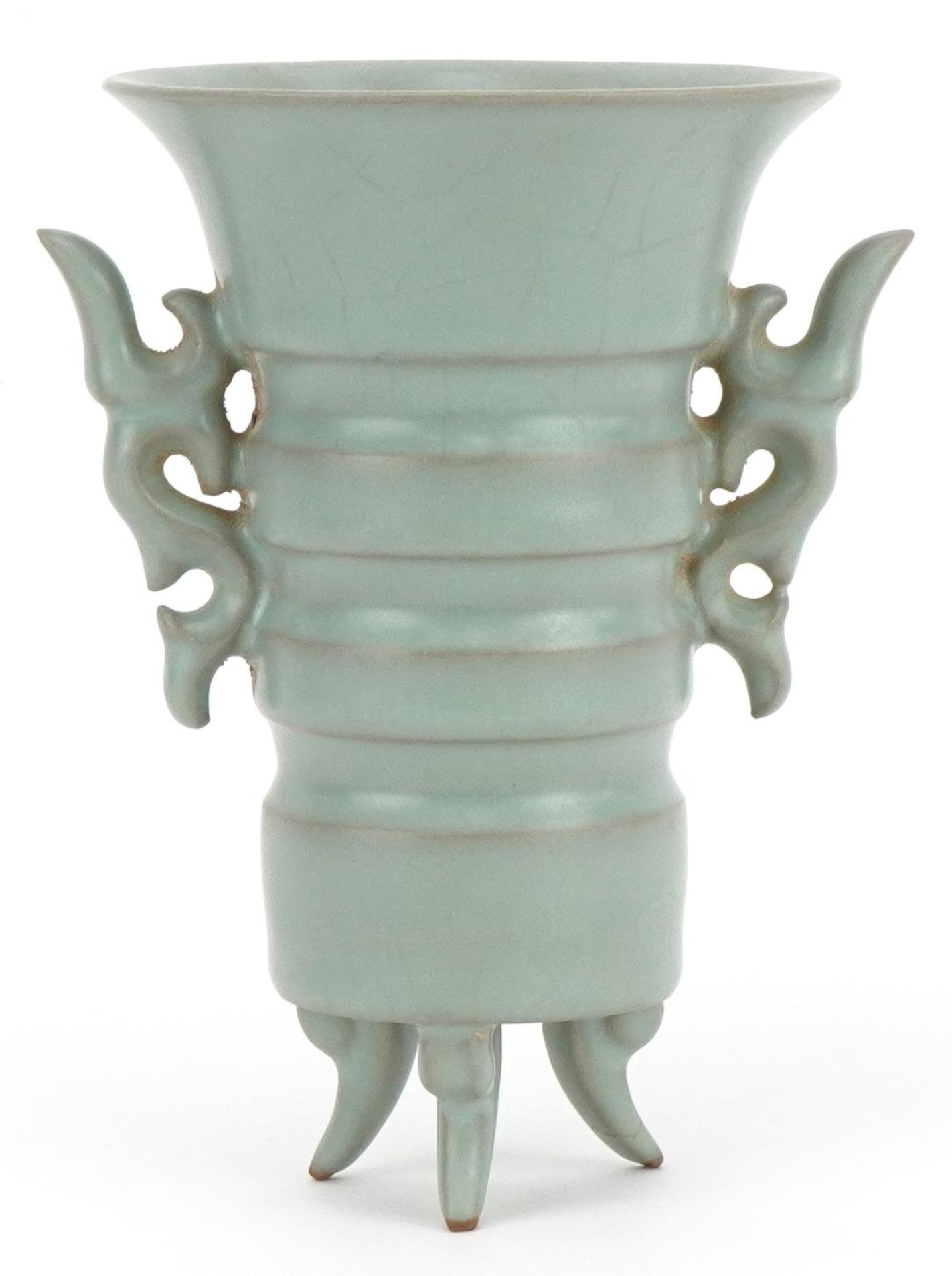 Chinese porcelain tripod vase with twin handles having a celadon glaze, 15.5cm high : For further - Image 3 of 6