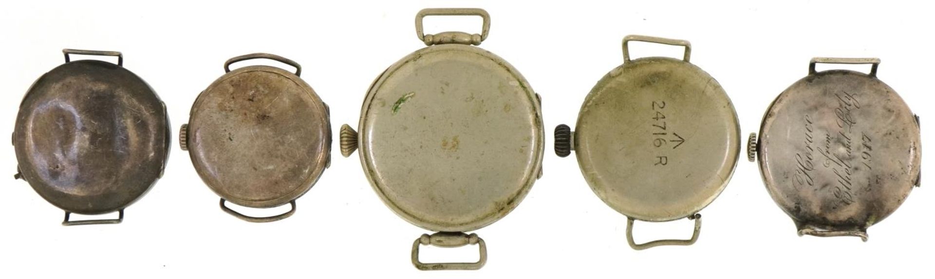 Five military interest trench style wristwatches, two silver, one engraved 24716 R, the largest 37mm - Image 2 of 5